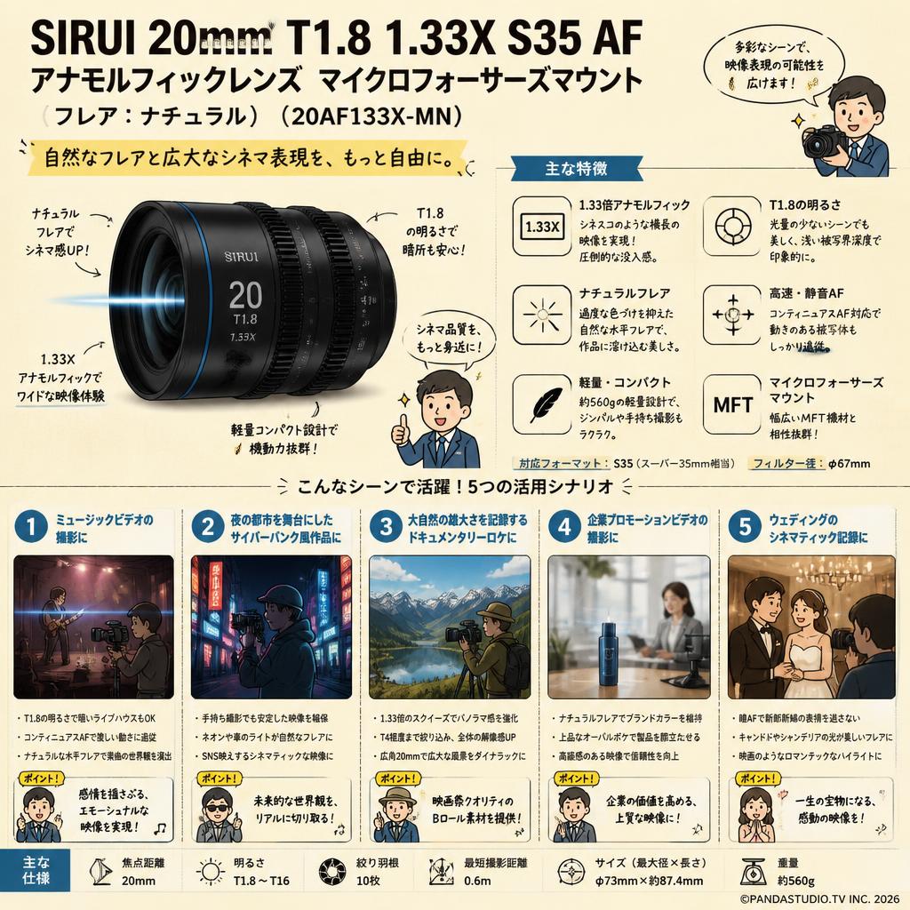 SIRUI 20mm T1.8 1.33X S35 AF アナモルフィックレンズ マイクロフォーサーズマウント（フレア：ナチュラル）（ 20AF133X-MN ） 用途