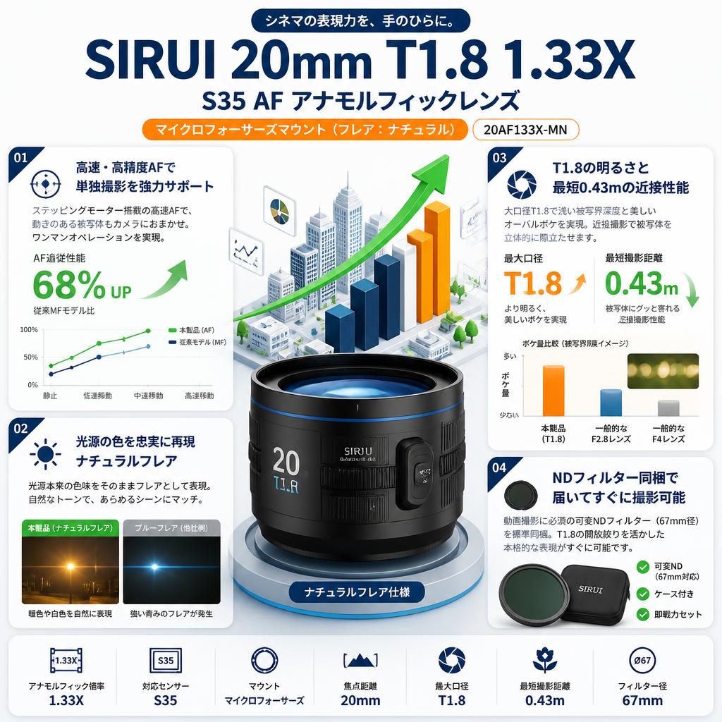 SIRUI 20mm T1.8 1.33X S35 AF アナモルフィックレンズ マイクロフォーサーズマウント（フレア：ナチュラル）（ 20AF133X-MN ） セールスポイント