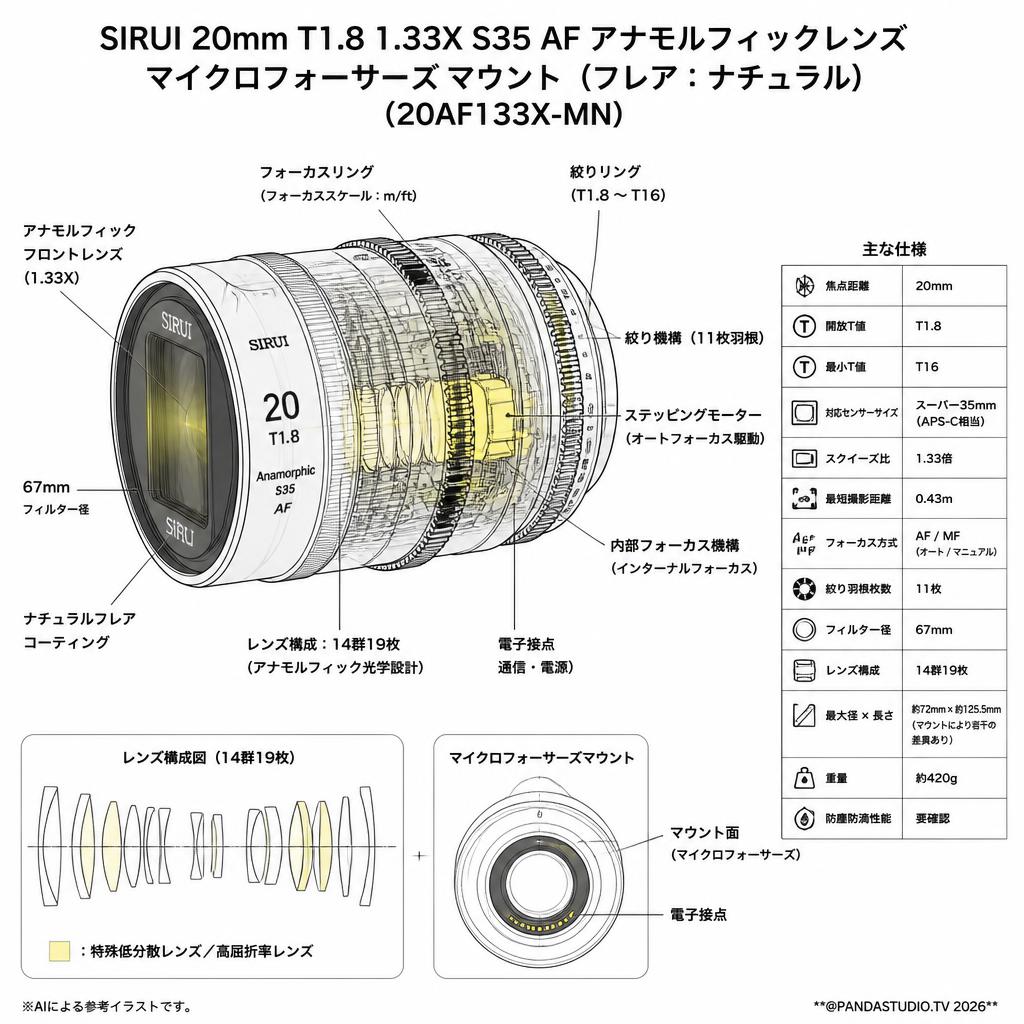 SIRUI 20mm T1.8 1.33X S35 AF アナモルフィックレンズ マイクロフォーサーズマウント（フレア：ナチュラル）（ 20AF133X-MN ） スペック