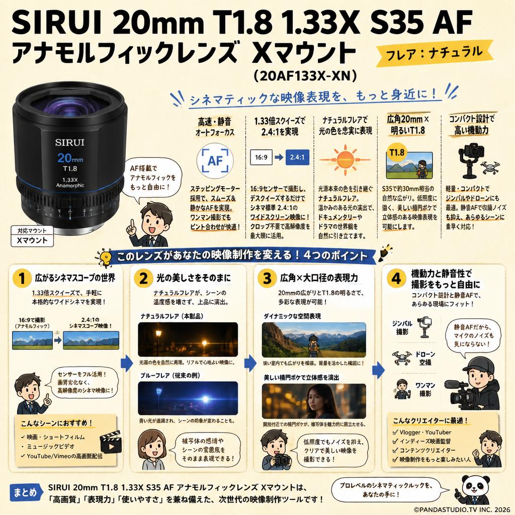 SIRUI 20mm T1.8 1.33X S35 AF アナモルフィックレンズ Xマウント（フレア：ナチュラル）（ 20AF133X-XN ） 概要
