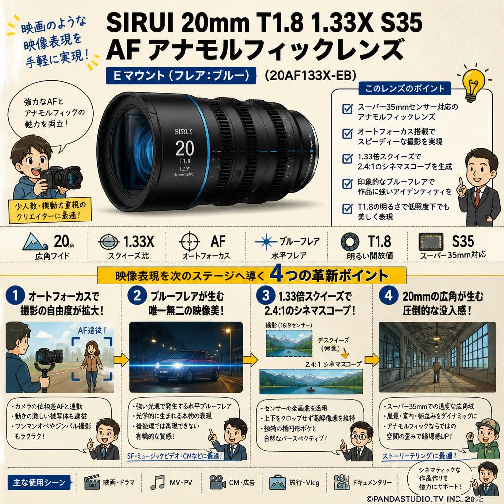 SIRUI 20mm T1.8 1.33X S35 AF アナモルフィックレンズ Eマウント（フレア：ブルー）（ 20AF133X-EB ） 概要