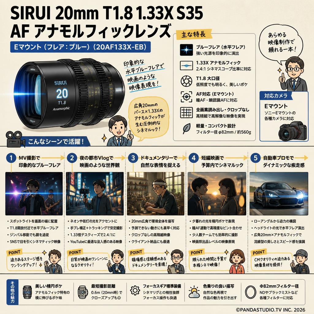 SIRUI 20mm T1.8 1.33X S35 AF アナモルフィックレンズ Eマウント（フレア：ブルー）（ 20AF133X-EB ） 用途