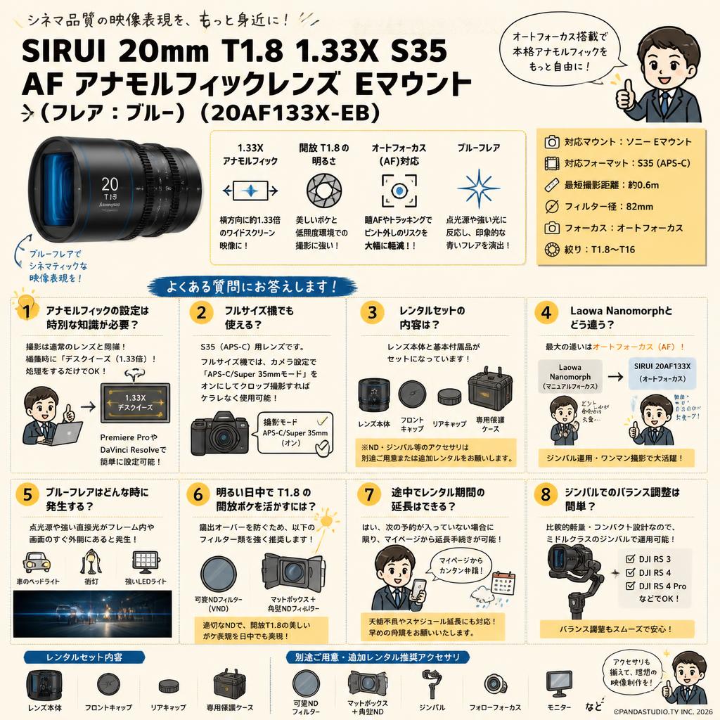 SIRUI 20mm T1.8 1.33X S35 AF アナモルフィックレンズ Eマウント（フレア：ブルー）（ 20AF133X-EB ） FAQ（よくある質問と答え）