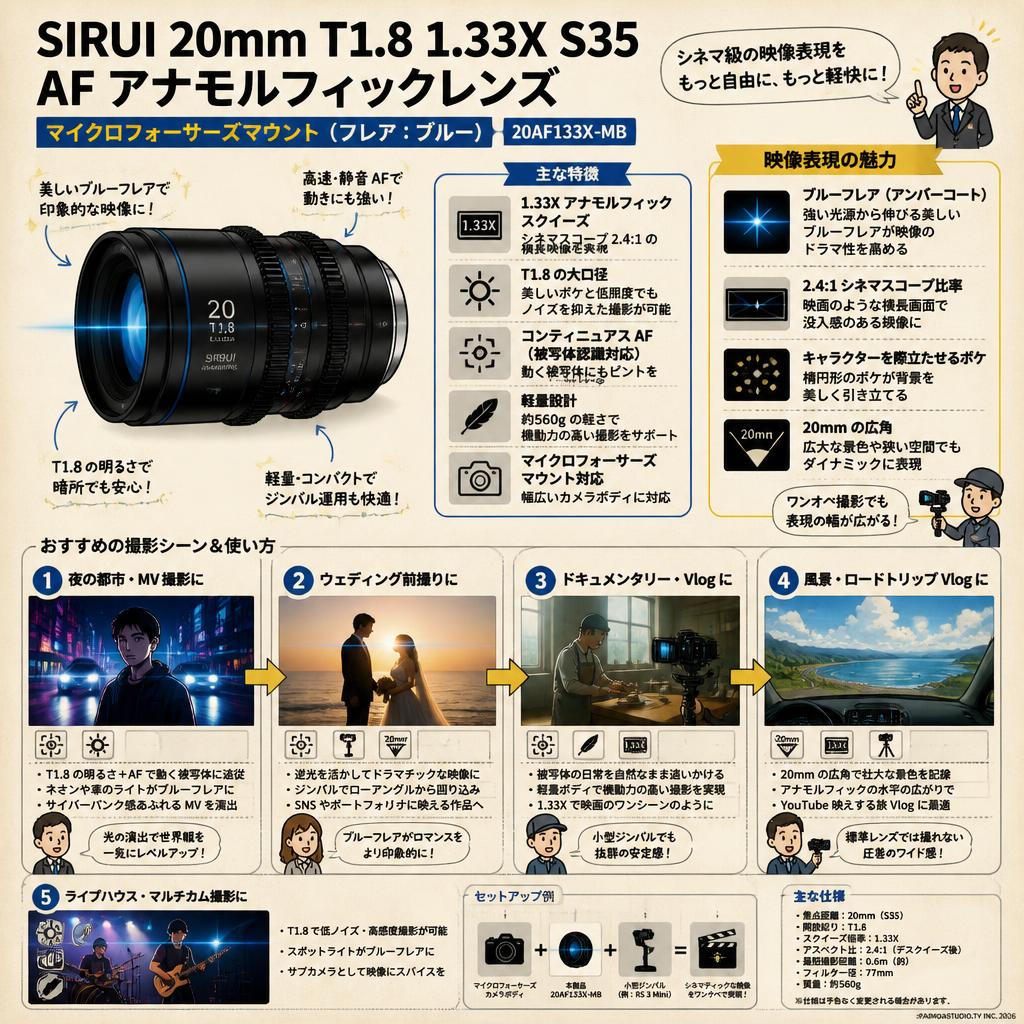 SIRUI 20mm T1.8 1.33X S35 AF アナモルフィックレンズ マイクロフォーサーズマウント（フレア：ブルー）（ 20AF133X-MB ） 用途