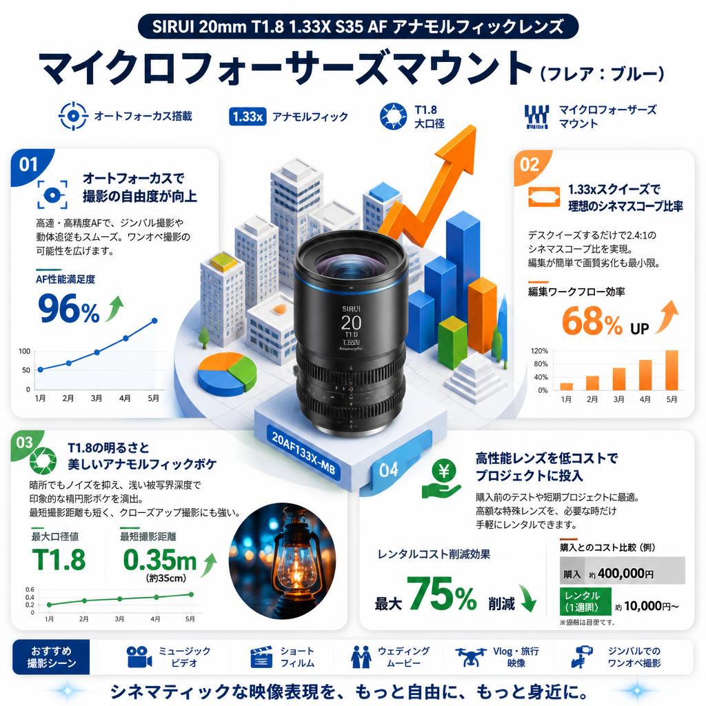 SIRUI 20mm T1.8 1.33X S35 AF アナモルフィックレンズ マイクロフォーサーズマウント（フレア：ブルー）（ 20AF133X-MB ） セールスポイント