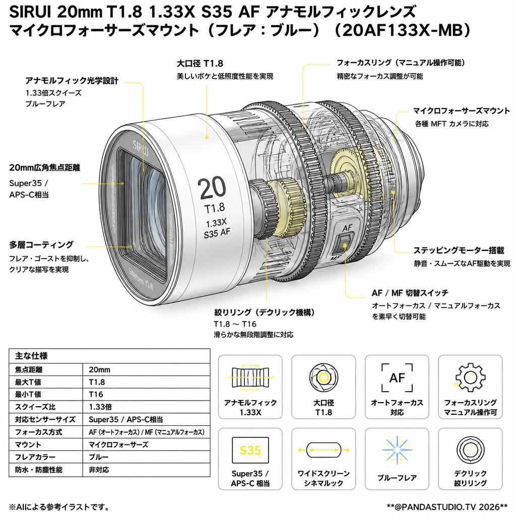 SIRUI 20mm T1.8 1.33X S35 AF アナモルフィックレンズ マイクロフォーサーズマウント（フレア：ブルー）（ 20AF133X-MB ） スペック