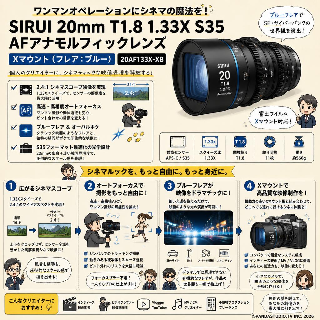 SIRUI 20mm T1.8 1.33X S35 AF アナモルフィックレンズ Xマウント（フレア：ブルー）（ 20AF133X-XB ） 概要