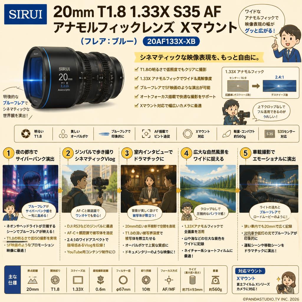 SIRUI 20mm T1.8 1.33X S35 AF アナモルフィックレンズ Xマウント（フレア：ブルー）（ 20AF133X-XB ） 用途