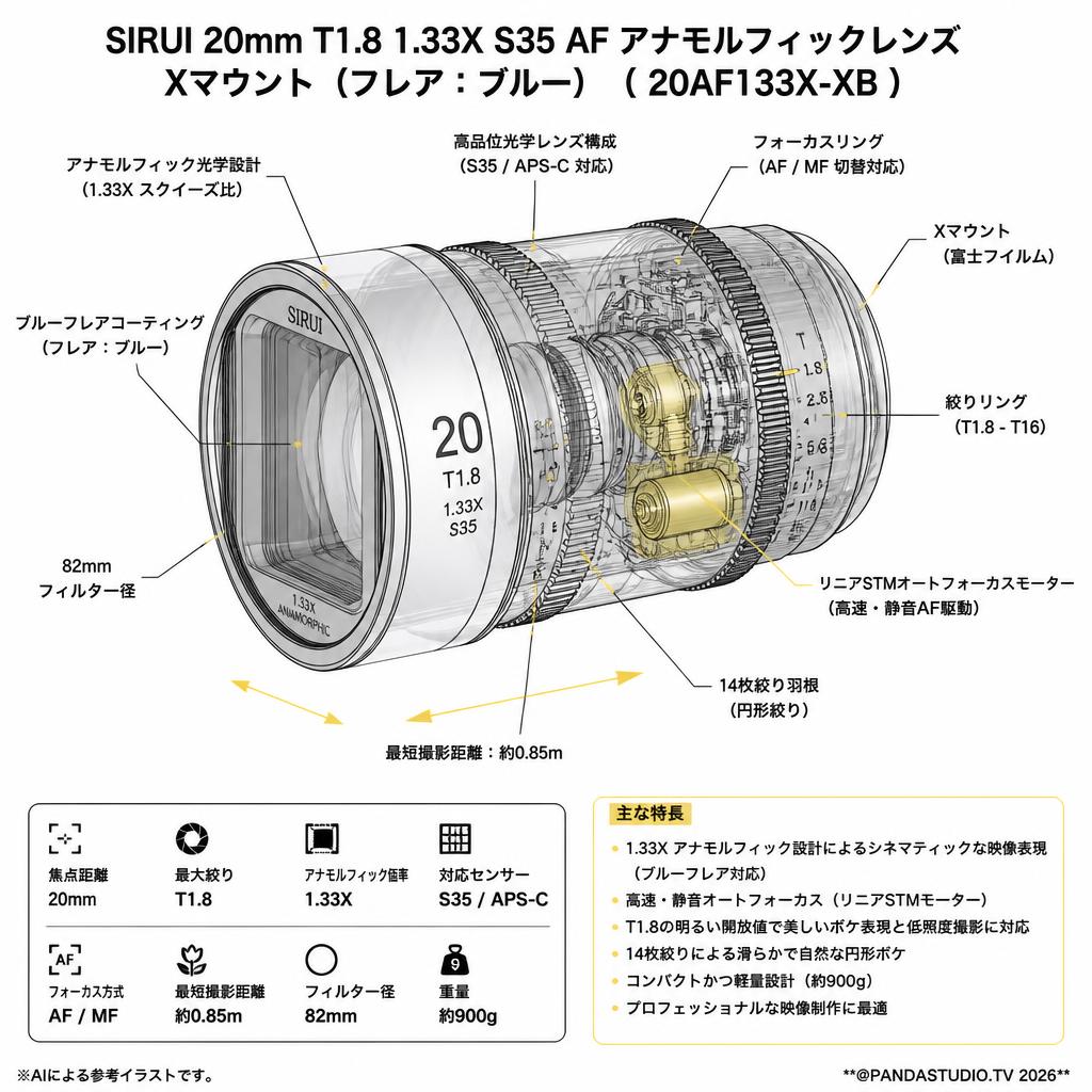 SIRUI 20mm T1.8 1.33X S35 AF アナモルフィックレンズ Xマウント（フレア：ブルー）（ 20AF133X-XB ） スペック