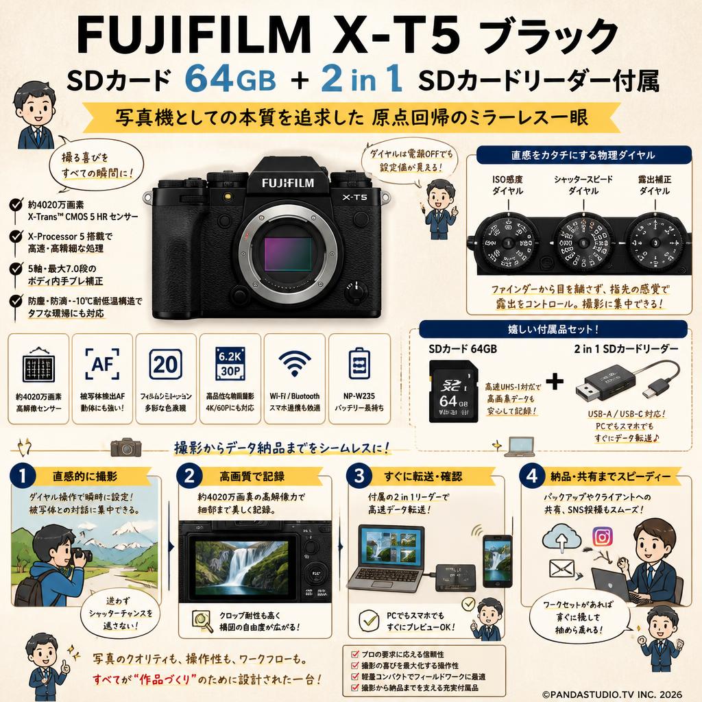 FUJIFILM X-T5 ブラック SDカード 64GB ＋ 2 in 1 SDカードリーダー付属 概要