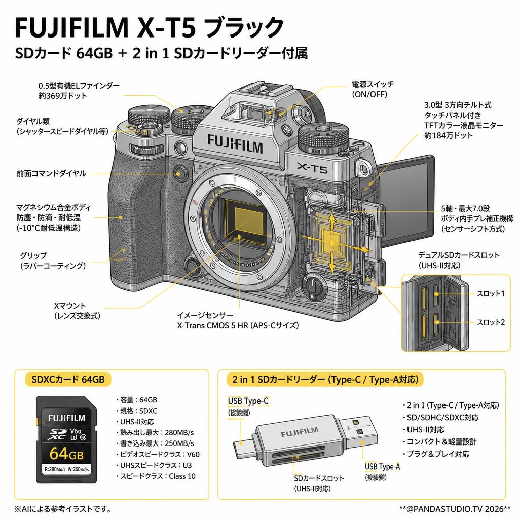 FUJIFILM X-T5 ブラック SDカード 64GB ＋ 2 in 1 SDカードリーダー付属 スペック