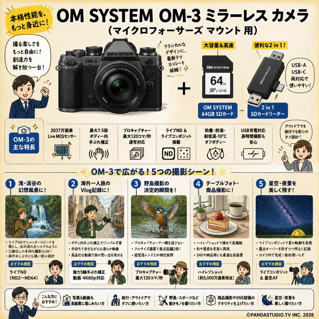 OM SYSTEM OM-3 ミラーレス カメラ （マイクロフォーサーズ マウント 用）OM SYSTEM  64GB ＋ 2 in 1 SDカードリーダー付属 用途