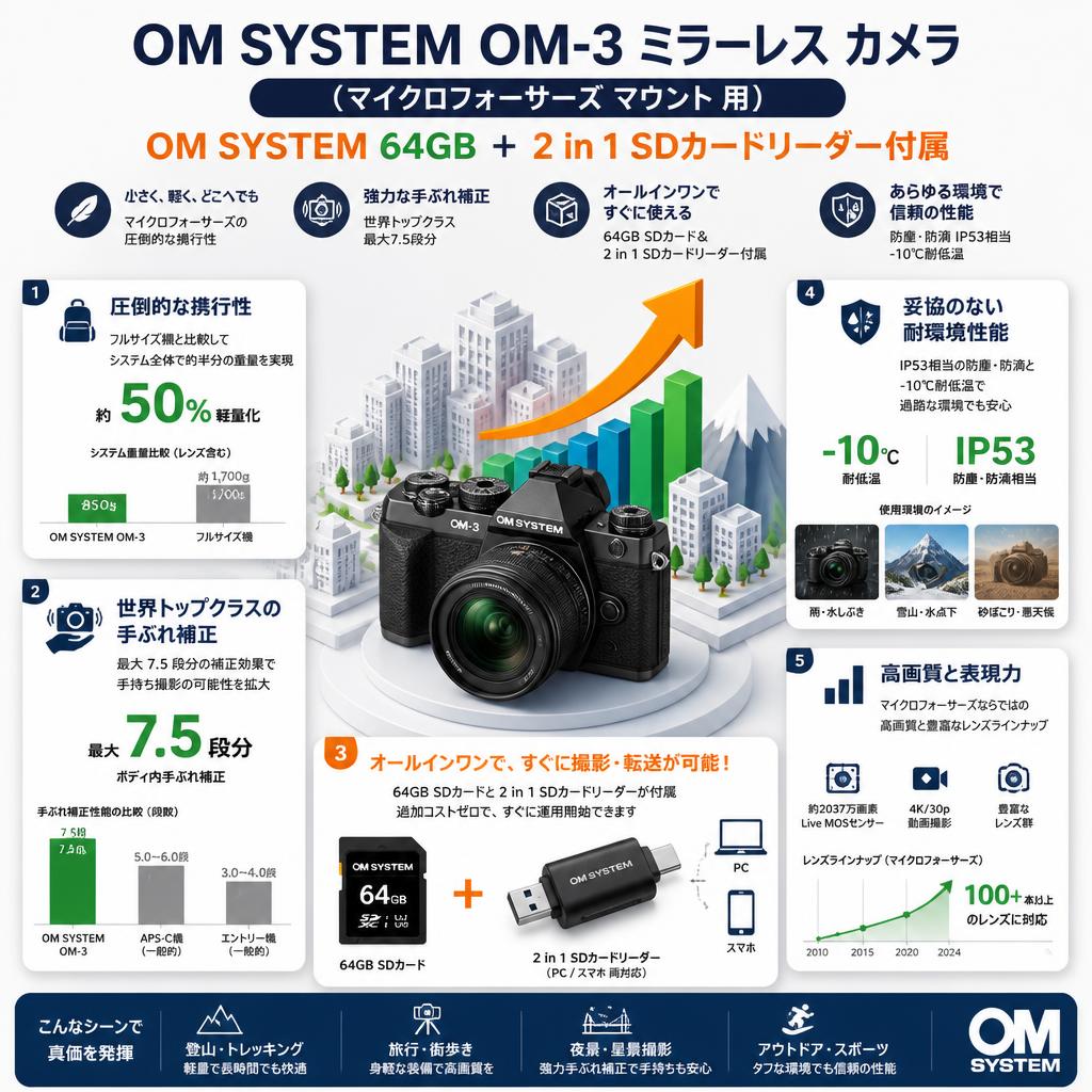 OM SYSTEM OM-3 ミラーレス カメラ （マイクロフォーサーズ マウント 用）OM SYSTEM  64GB ＋ 2 in 1 SDカードリーダー付属 セールスポイント