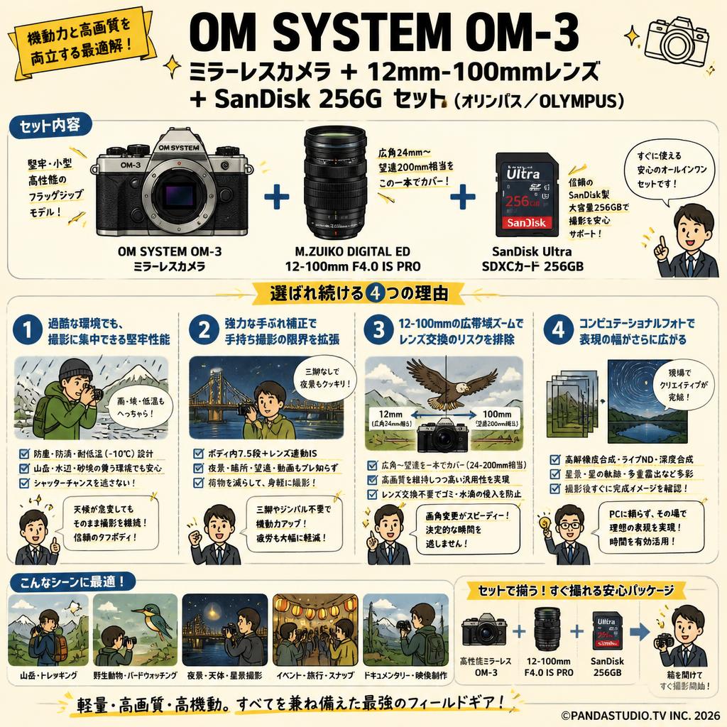 OM SYSTEM OM-3 ミラーレス カメラ  ＋ 12mm-100mmレンズ + SanDisk 256G セット（オリンパス / OLYMPUS） 概要