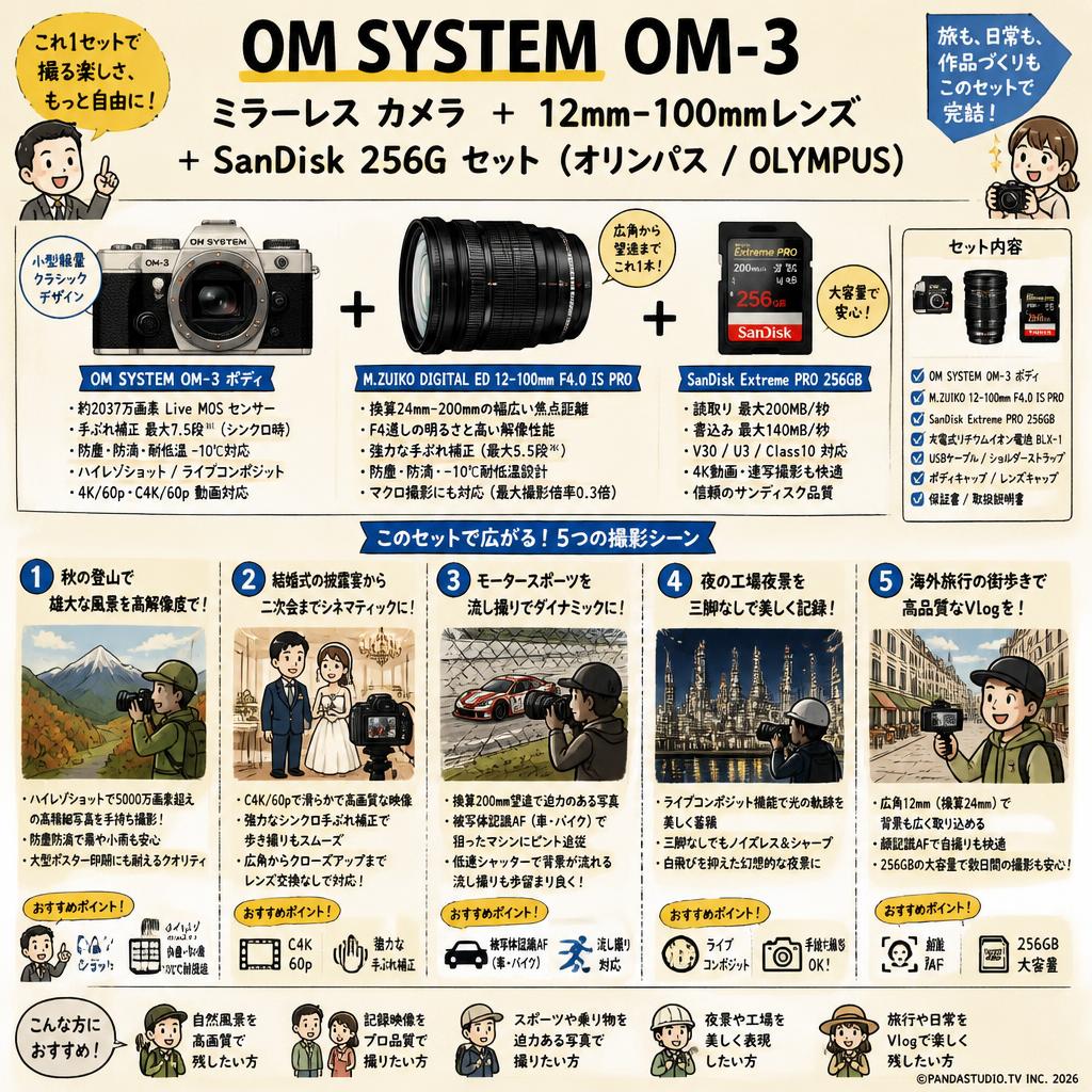 OM SYSTEM OM-3 ミラーレス カメラ  ＋ 12mm-100mmレンズ + SanDisk 256G セット（オリンパス / OLYMPUS） 用途
