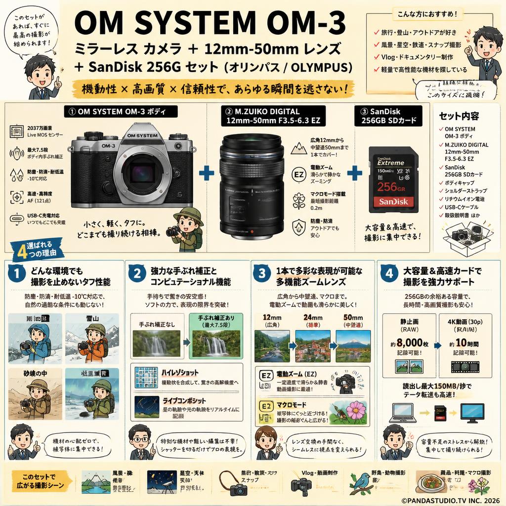OM SYSTEM OM-3 ミラーレス カメラ  ＋ 12mm-50mm レンズ + SanDisk 256G セット（オリンパス / OLYMPUS） 概要