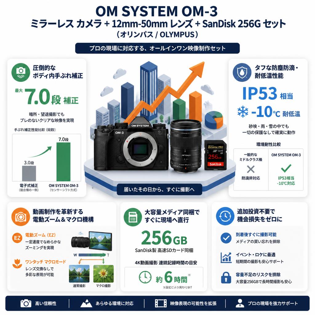 OM SYSTEM OM-3 ミラーレス カメラ  ＋ 12mm-50mm レンズ + SanDisk 256G セット（オリンパス / OLYMPUS） セールスポイント