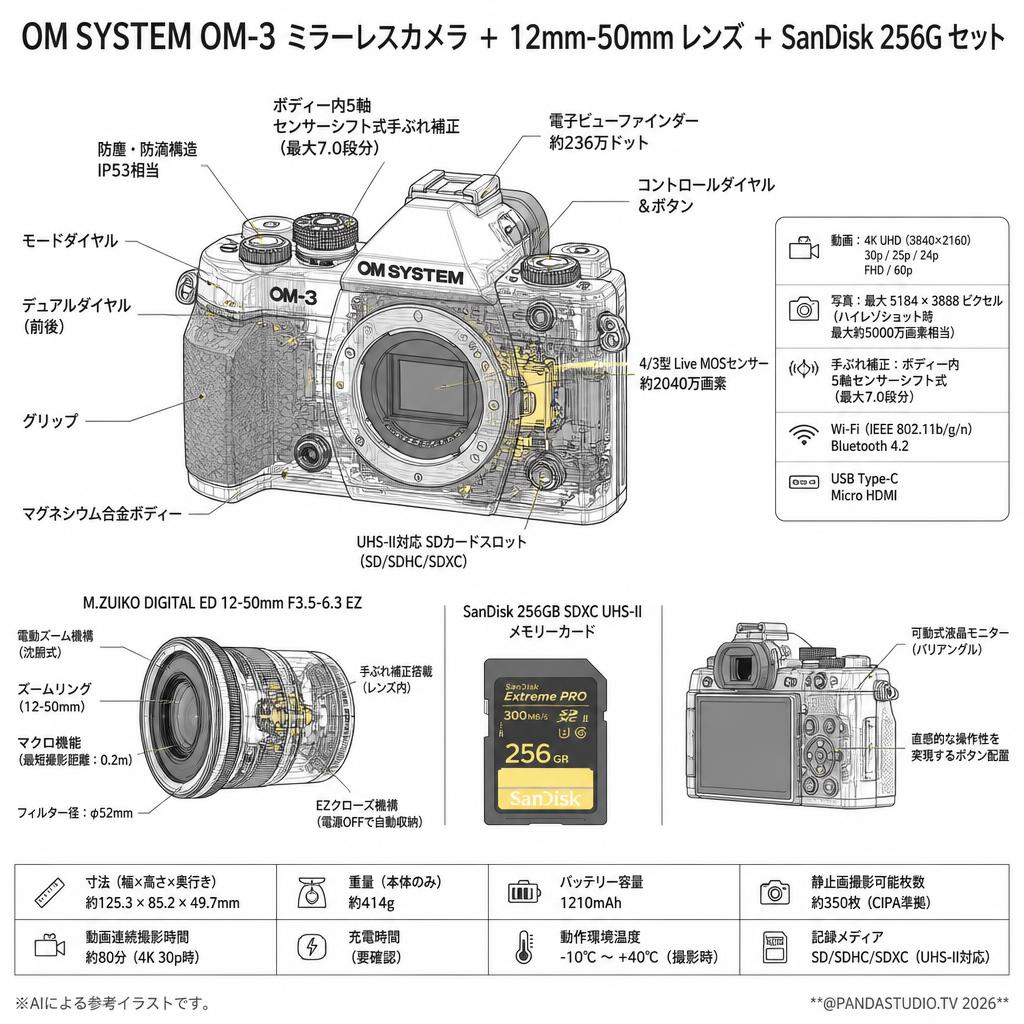 OM SYSTEM OM-3 ミラーレス カメラ  ＋ 12mm-50mm レンズ + SanDisk 256G セット（オリンパス / OLYMPUS） スペック