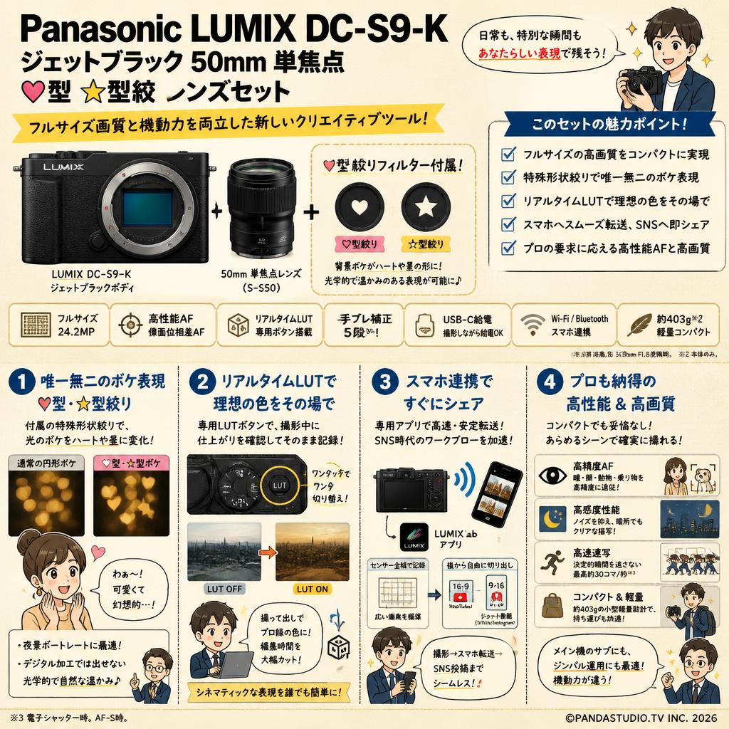Panasonic LUMIX DC-S9-K ジェットブラック 50mm 単焦点 ♥型 ★型絞  レンズセット 概要