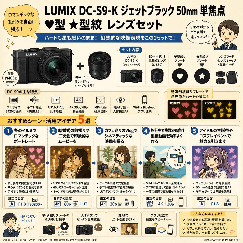 Panasonic LUMIX DC-S9-K ジェットブラック 50mm 単焦点 ♥型 ★型絞  レンズセット 用途