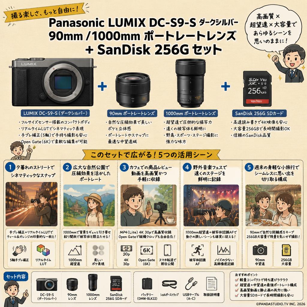 Panasonic LUMIX DC-S9-S ダークシルバー・90mm / 1000mm ポートレートレンズ + SanDisk 256G セット 用途