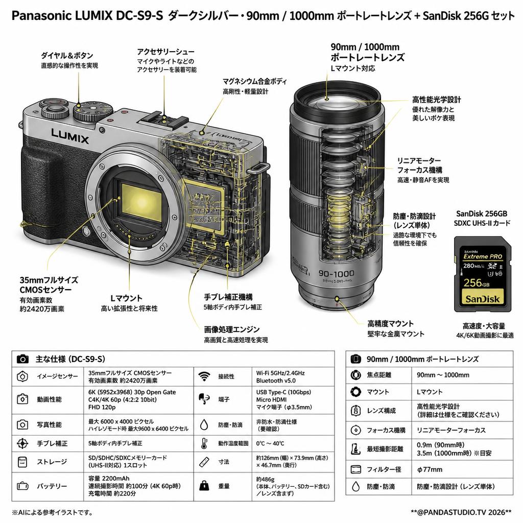Panasonic LUMIX DC-S9-S ダークシルバー・90mm / 1000mm ポートレートレンズ + SanDisk 256G セット スペック