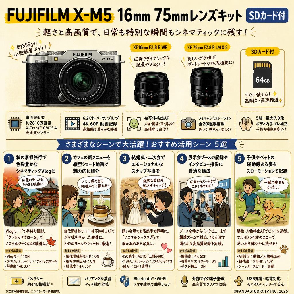 FUJIFILM X-M5 16mm 75mmレンズキット SDカード付 用途