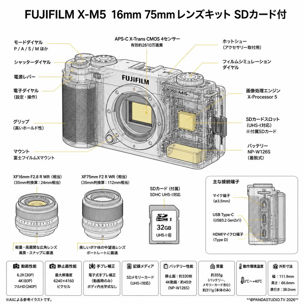 FUJIFILM X-M5 16mm 75mmレンズキット SDカード付 スペック