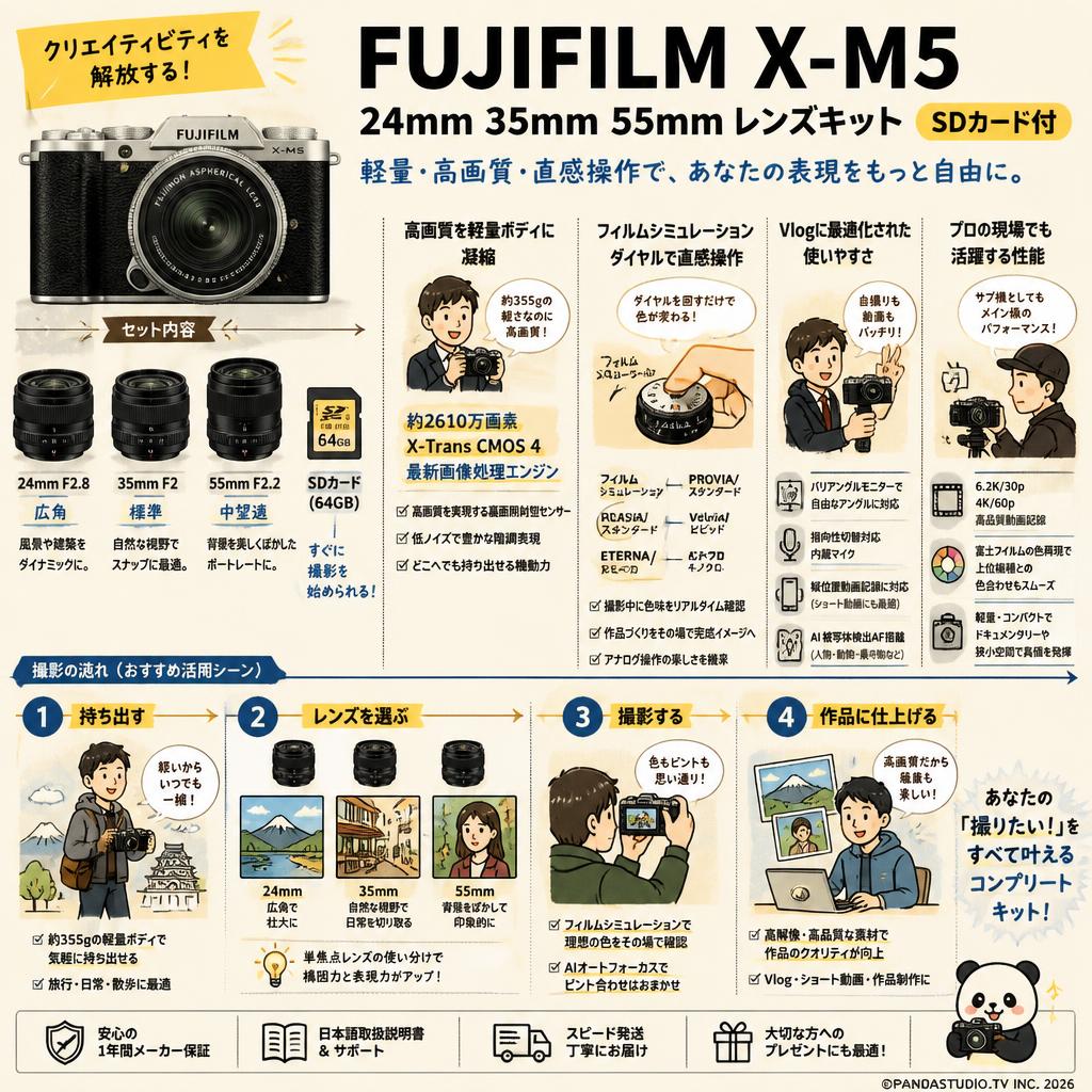 FUJIFILM X-M5 24mm 35mm 55mmレンズキット SDカード付 概要