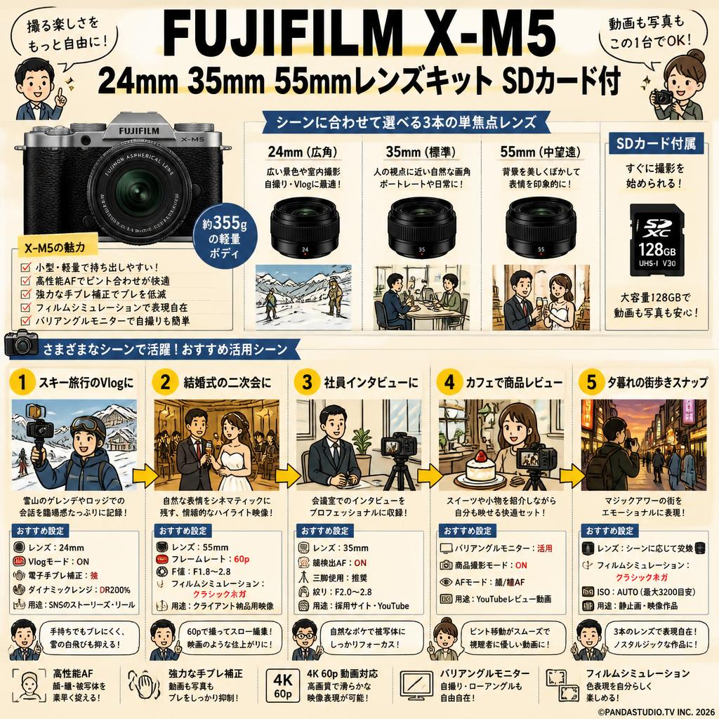 FUJIFILM X-M5 24mm 35mm 55mmレンズキット SDカード付 用途