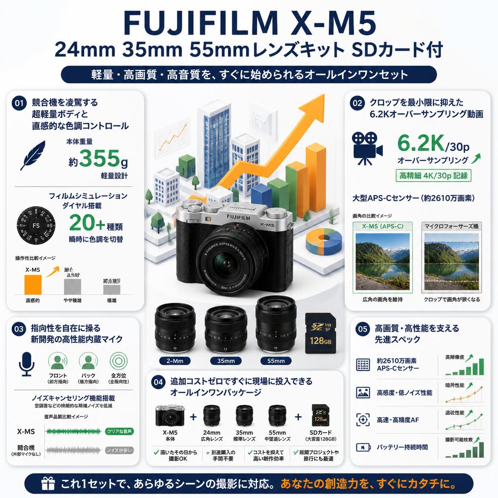 FUJIFILM X-M5 24mm 35mm 55mmレンズキット SDカード付 セールスポイント