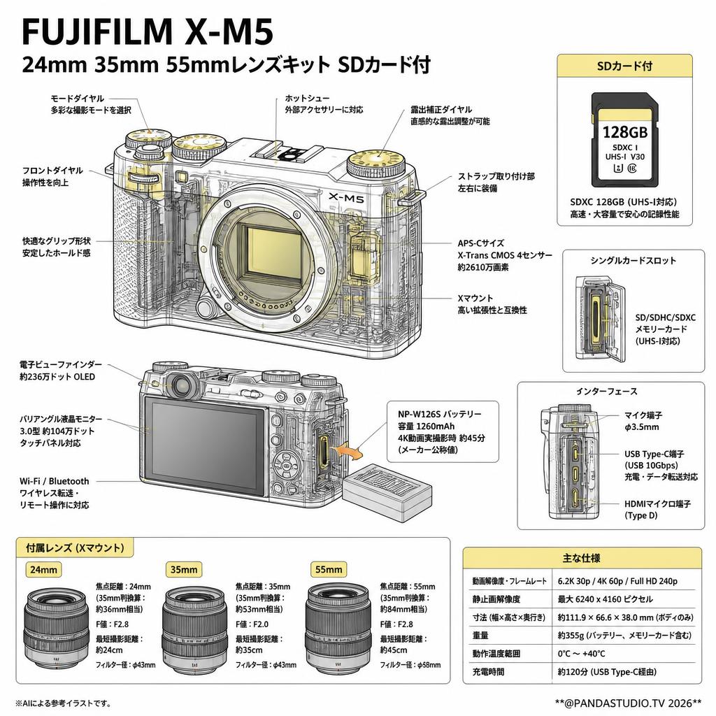 FUJIFILM X-M5 24mm 35mm 55mmレンズキット SDカード付 スペック