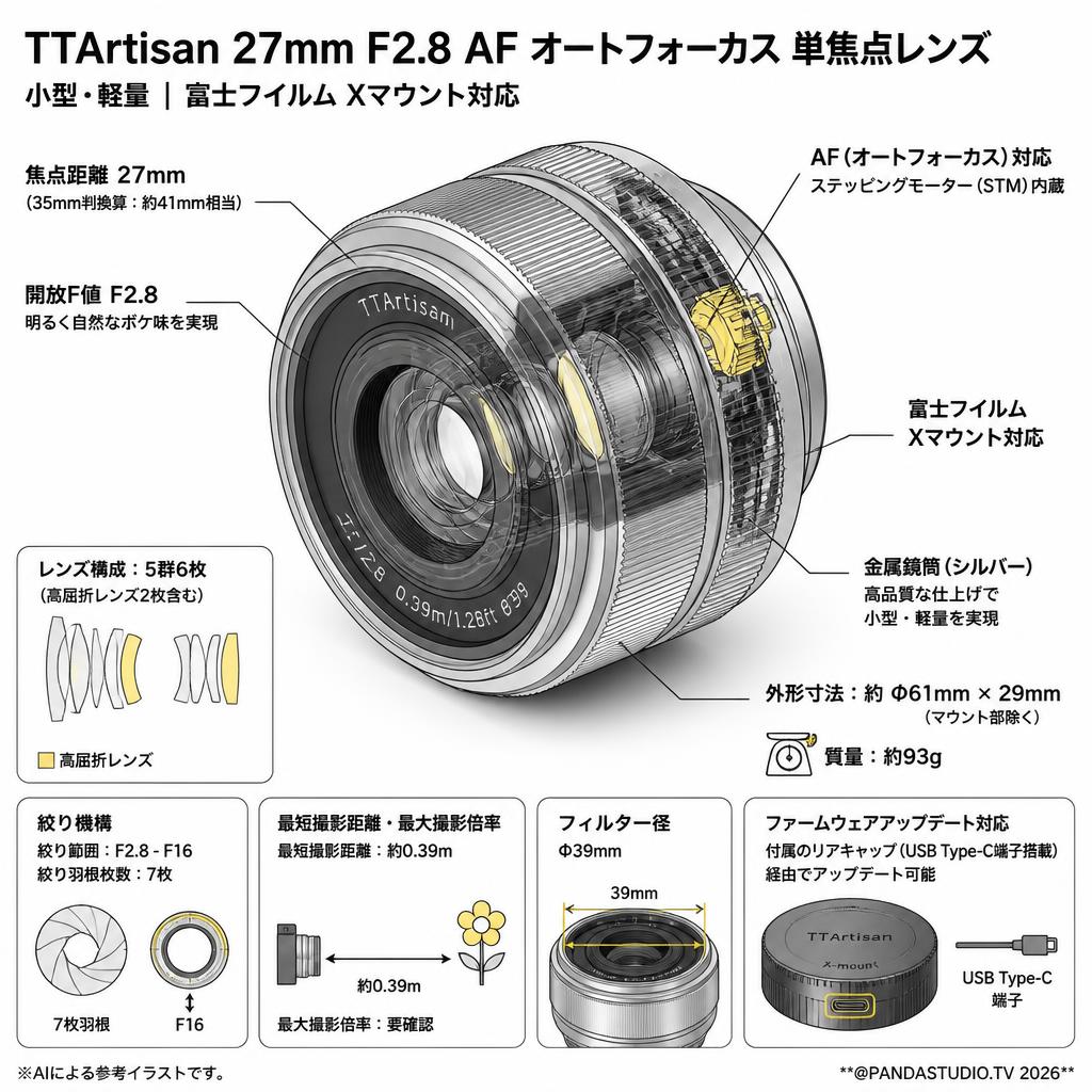 TTArtisan 27mm F2.8 AF オートフォーカス 単焦点レンズ 小型 軽量 フジ Fuji X 銘匠光学 シルバー 銀 fujifilm Xマウント スペック