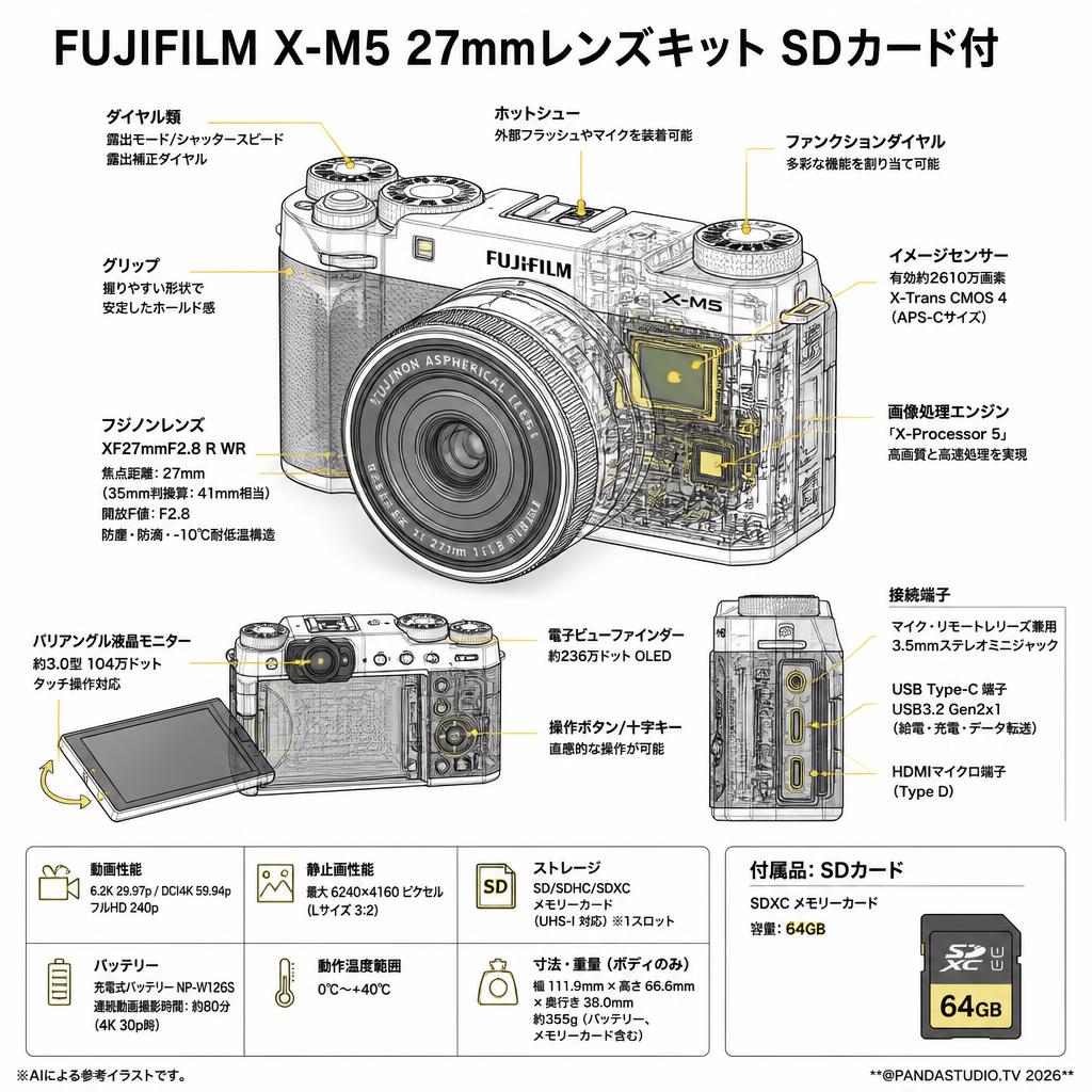 FUJIFILM X-M5 27mmレンズキット SDカード付 スペック