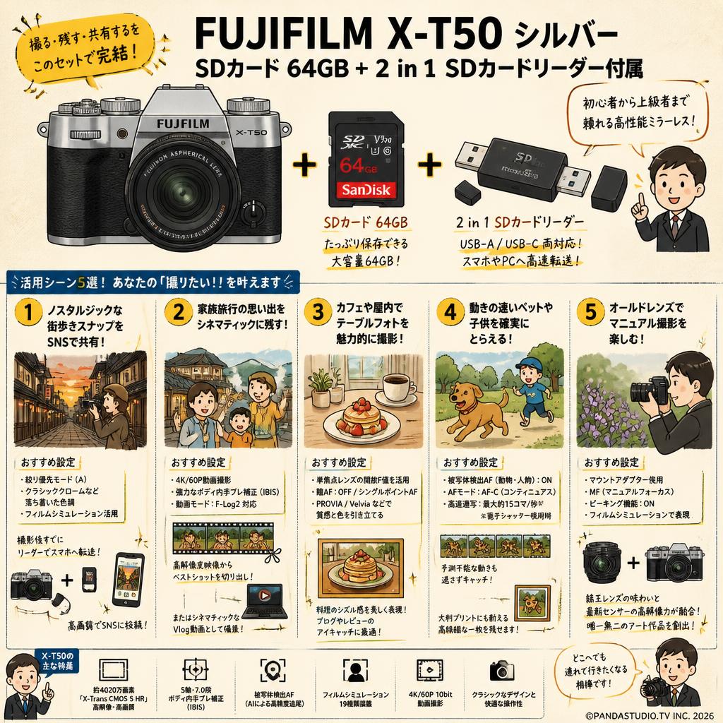 FUJIFILM X-T50 シルバー SDカード 64GB ＋ 2 in 1 SDカードリーダー付属 用途