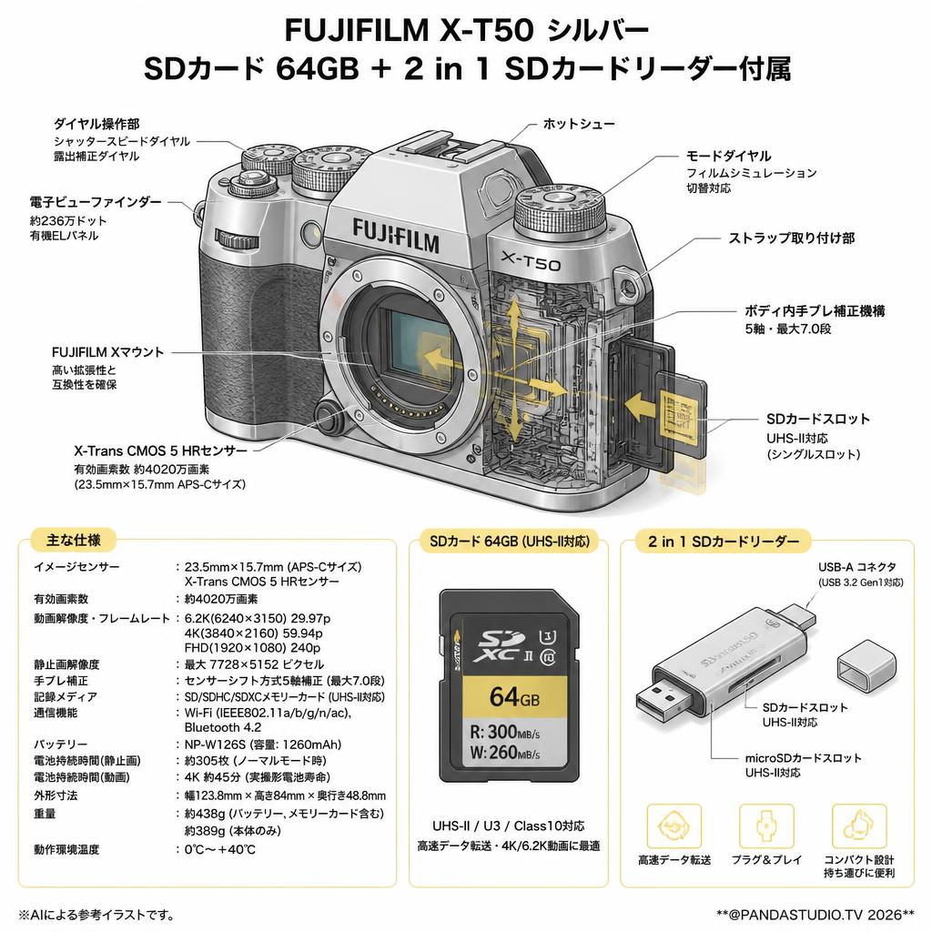 FUJIFILM X-T50 シルバー SDカード 64GB ＋ 2 in 1 SDカードリーダー付属 スペック