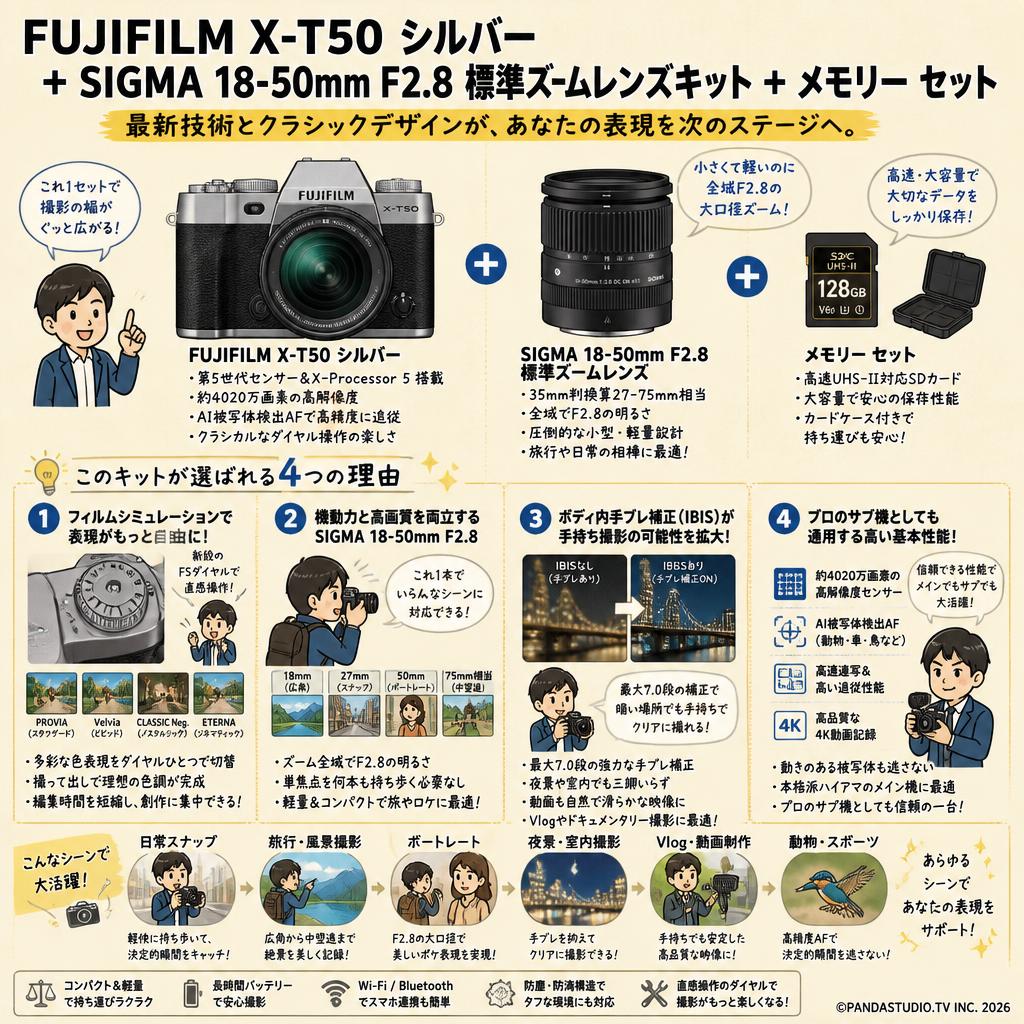 FUJIFILM X-T50 シルバー ＋  SIGMA 18-50mm F2.8 標準ズームレンズキット  ＋ メモリー セット 概要
