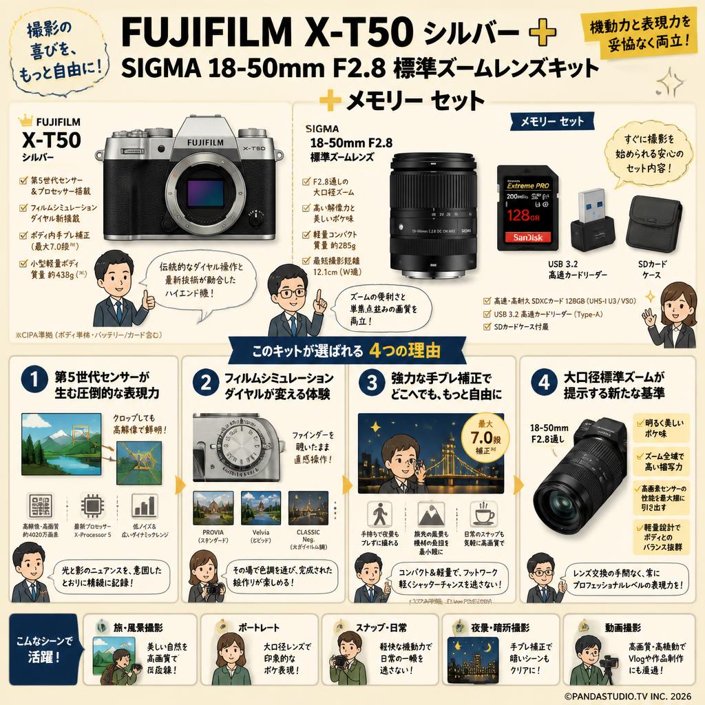 FUJIFILM X-T50 シルバー ＋  SIGMA 18-50mm F2.8 標準ズームレンズキット  ＋ メモリー セット 概要