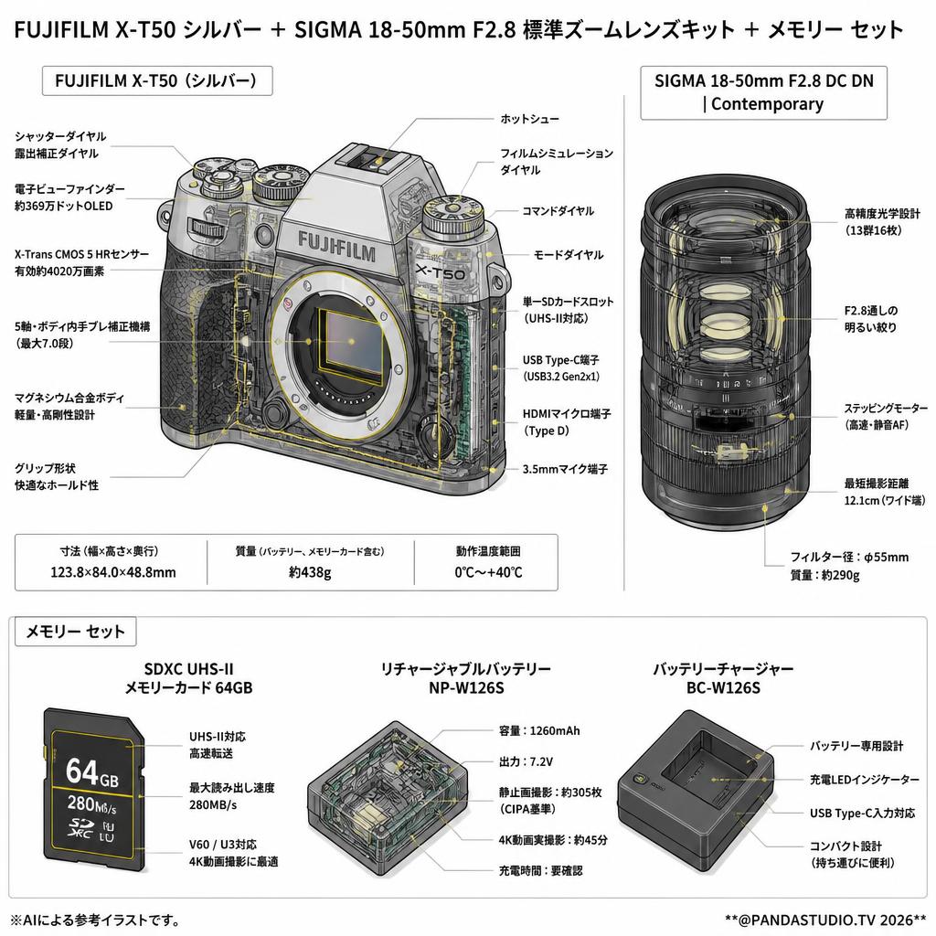 FUJIFILM X-T50 シルバー ＋  SIGMA 18-50mm F2.8 標準ズームレンズキット  ＋ メモリー セット スペック