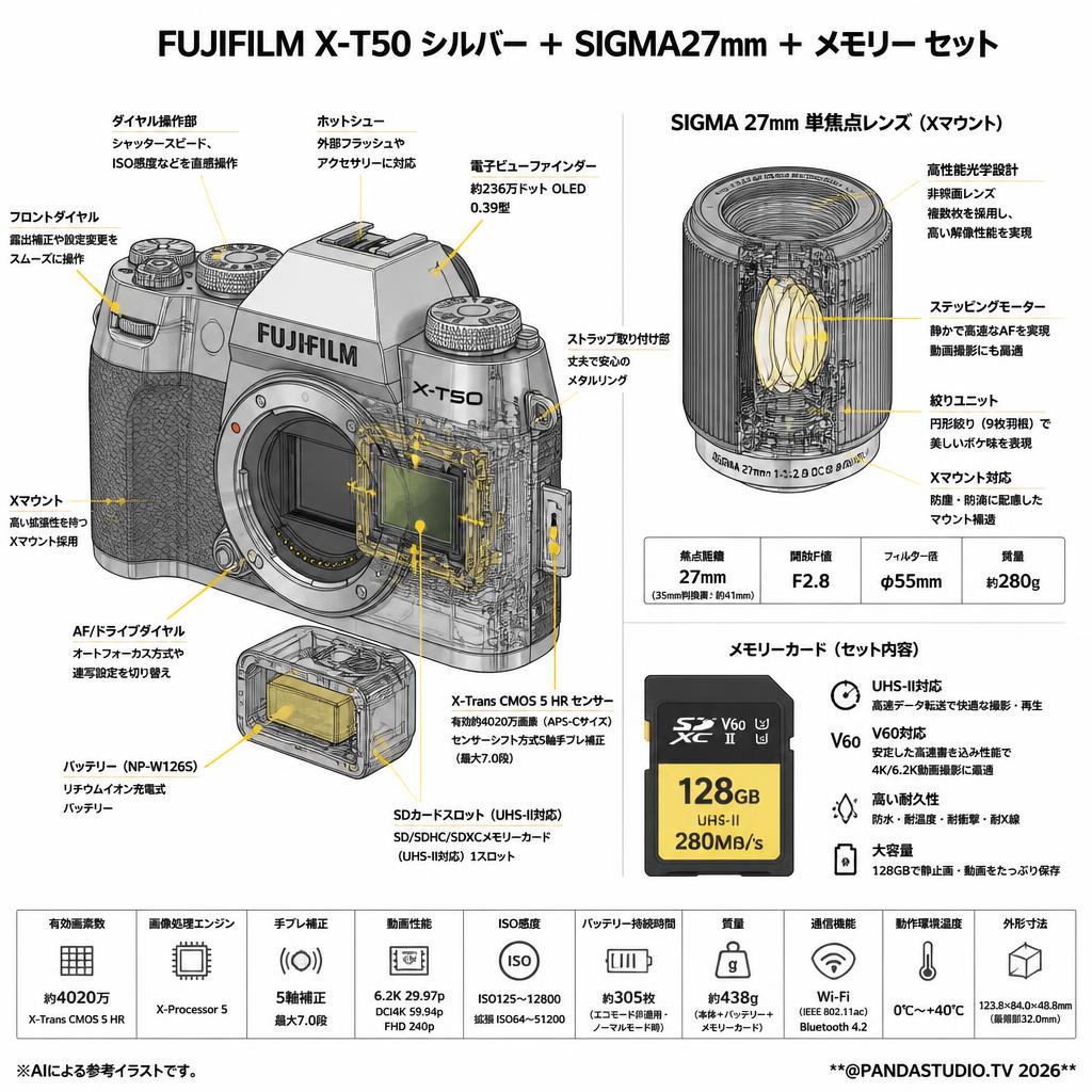 FUJIFILM X-T50 シルバー ＋  SIGMA27mm ＋ メモリー セット スペック