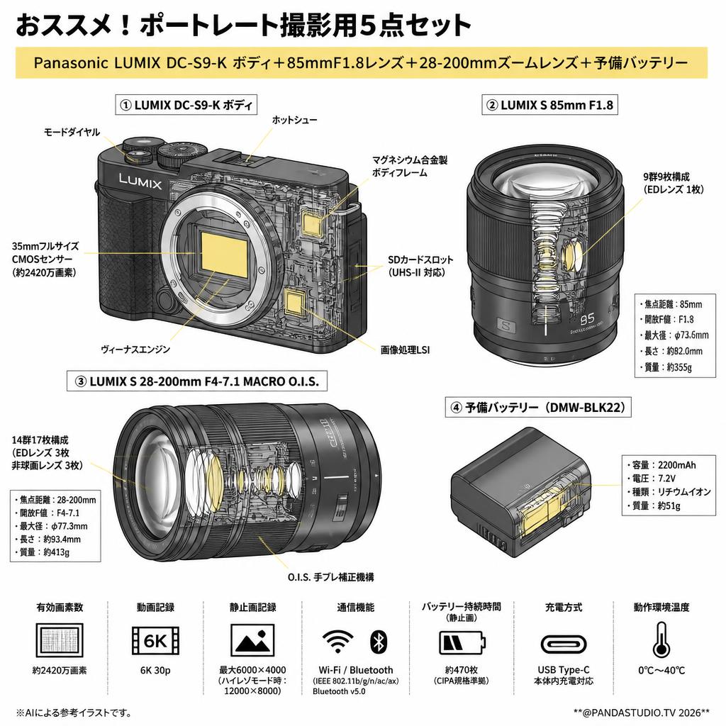 おススメ！ポートレート撮影用5点セット：Panasonic LUMIX DC-S9-K ボディ＋85mmF1.8レンズ＋28‐200mmズームレンズ＋予備バッテリー スペック