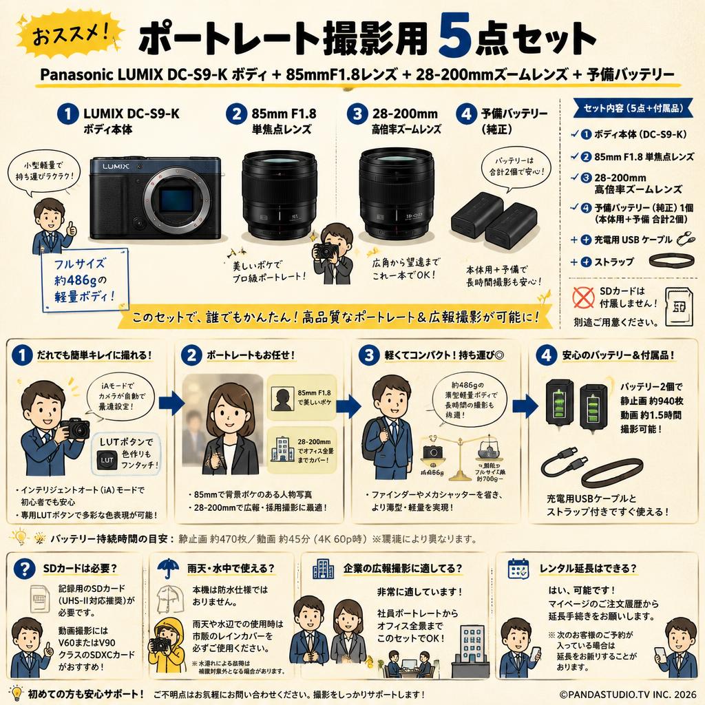 おススメ！ポートレート撮影用5点セット：Panasonic LUMIX DC-S9-K ボディ＋85mmF1.8レンズ＋28‐200mmズームレンズ＋予備バッテリー FAQ（よくある質問と答え）