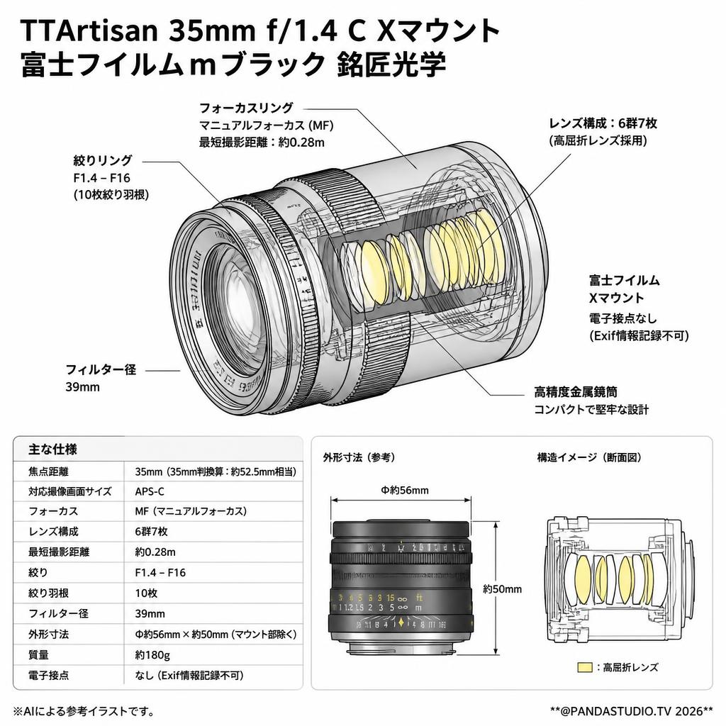 TTArtisan 35mm f/1.4 C Xマウント 富士フイルムｍブラック 銘匠光学 スペック