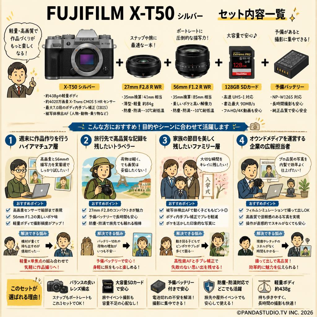 FUJIFILM X-T50 シルバー ＋ 27mm 56mm ＋ 128GB SDカード ＋ 予備バッテリー セット おもな対象のお客様