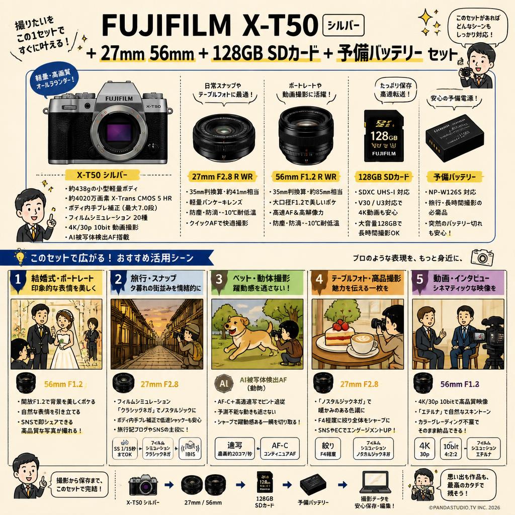 FUJIFILM X-T50 シルバー ＋ 27mm 56mm ＋ 128GB SDカード ＋ 予備バッテリー セット 用途