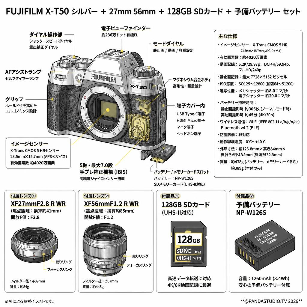 FUJIFILM X-T50 シルバー ＋ 27mm 56mm ＋ 128GB SDカード ＋ 予備バッテリー セット スペック