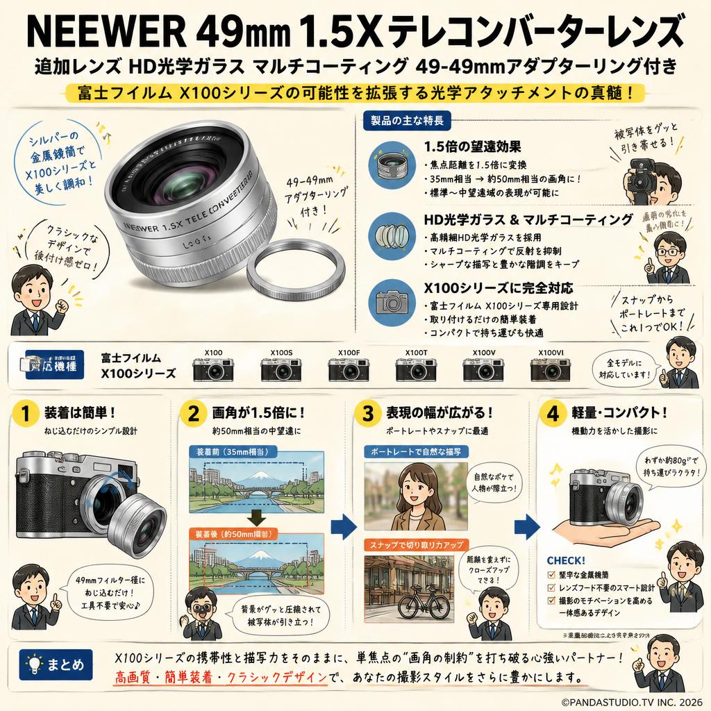 NEEWER 49mm 1.5Xテレコンバーターレンズ 追加レンズ HD光学ガラス マルチコーティング 49-49mmアダプターリング付き コンパチブル 富士フイルム X100 X100S X100F X100T X100V X100VIカメラ LS-61 シルバー 概要