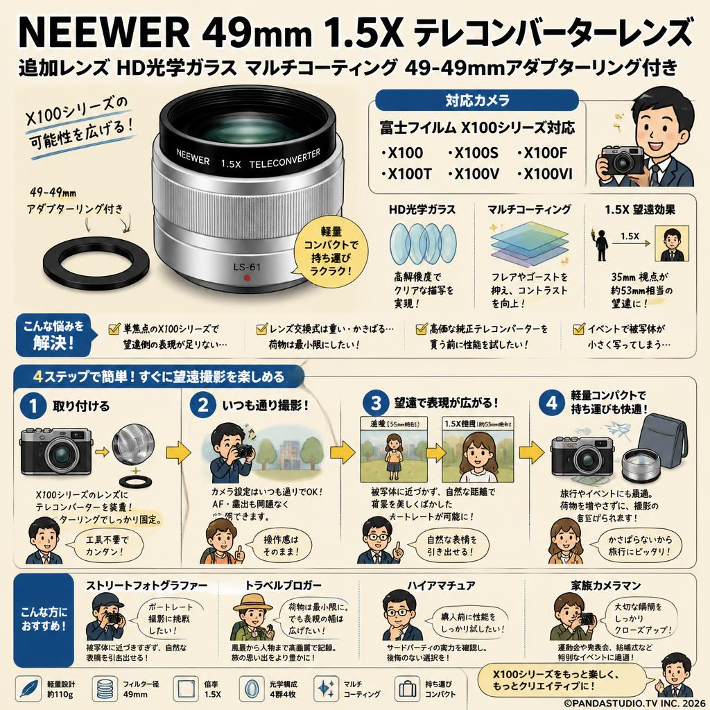 NEEWER 49mm 1.5Xテレコンバーターレンズ 追加レンズ HD光学ガラス マルチコーティング 49-49mmアダプターリング付き コンパチブル 富士フイルム X100 X100S X100F X100T X100V X100VIカメラ LS-61 シルバー おもな対象のお客様
