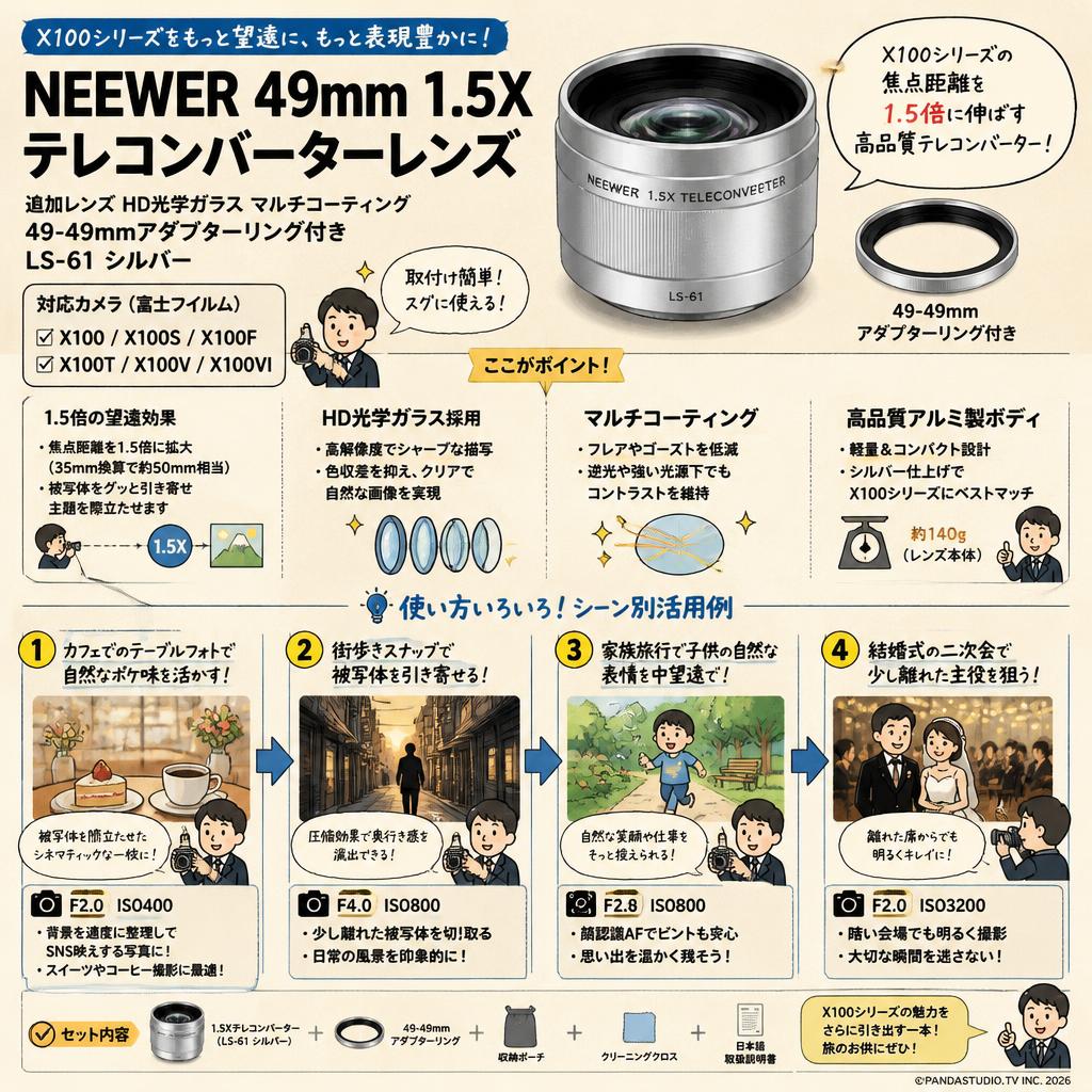 NEEWER 49mm 1.5Xテレコンバーターレンズ 追加レンズ HD光学ガラス マルチコーティング 49-49mmアダプターリング付き コンパチブル 富士フイルム X100 X100S X100F X100T X100V X100VIカメラ LS-61 シルバー 用途