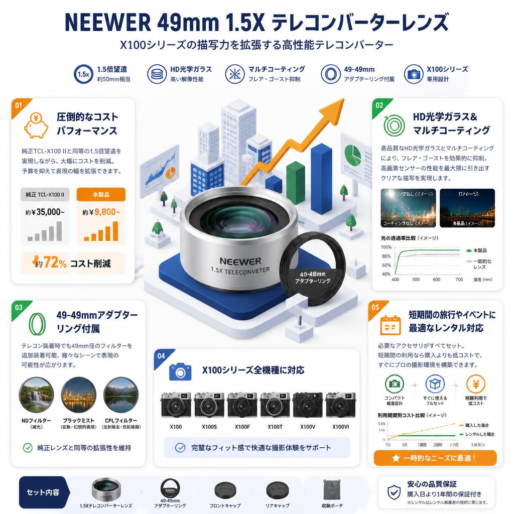 NEEWER 49mm 1.5Xテレコンバーターレンズ 追加レンズ HD光学ガラス マルチコーティング 49-49mmアダプターリング付き コンパチブル 富士フイルム X100 X100S X100F X100T X100V X100VIカメラ LS-61 シルバー セールスポイント